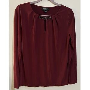 Liz Claiborne Career Women’s Burgundy Top Jewel Keyhole Neck Long Sleeve Medium